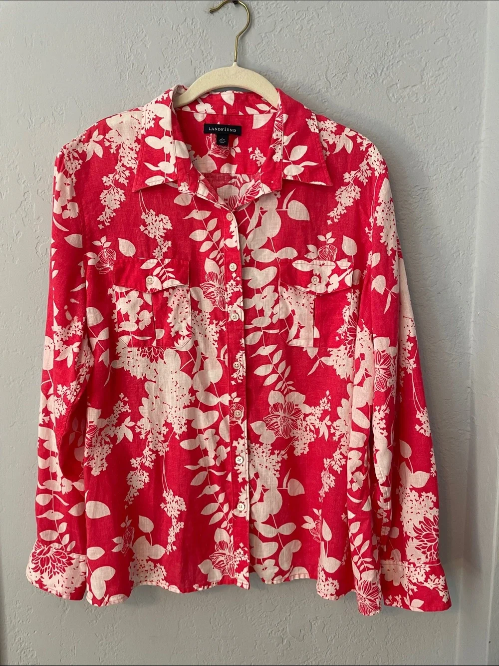 Lands' End Pink Floral Button-Up Shirt with White Print - Picture 1 of 10
